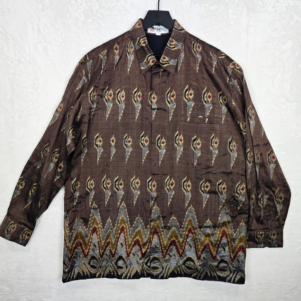 Batik Keris Vintage Hand Woven Ikat Shirt Brown Long Sleeve Mens size 19 (XL)